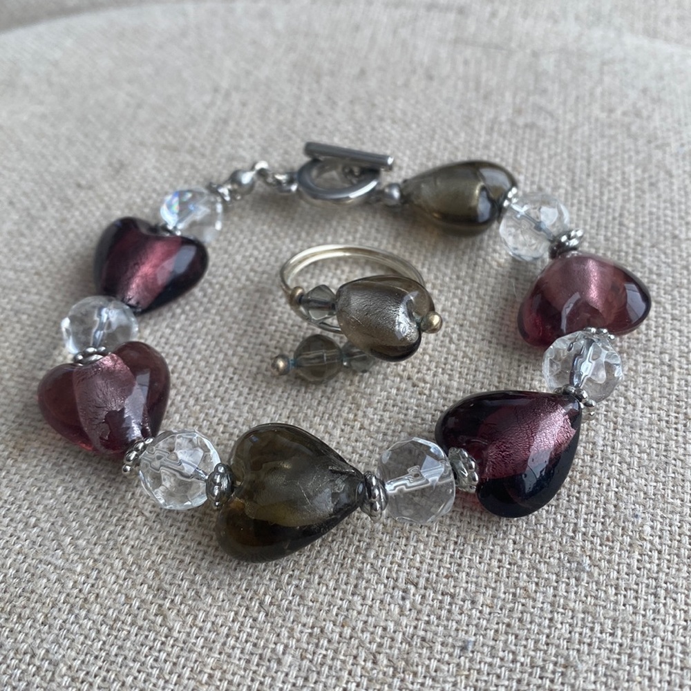Beaded heart bracelet and ring set.
